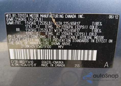 2012 Toyota Rav4 Base V6 from USA, damaged, VIN 2T3BK4DV1CW079100